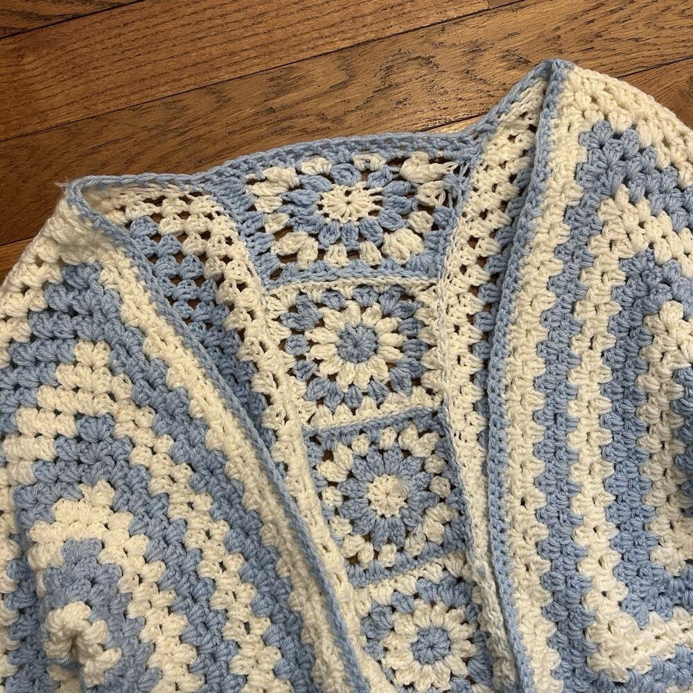 Vintage Handknit Blanket Cardigan Sweater Open Face Floral Striped Medium - Picture 2 of 4